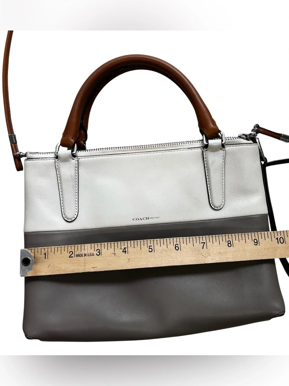 Coach Small Colorblock Leather Crossbody Satchel Gray White Tan Triple Zip Bag